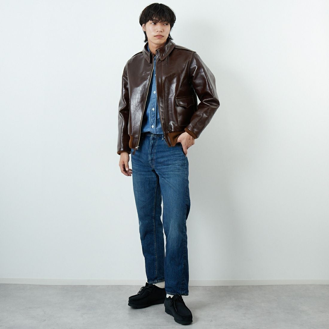 WAREHOUSE [ウエアハウス] 2ND-HAND デニムパンツ(USED WASH) [1105] D U/W (USED WASH 濃)&&モデル身長：179cm 着用サイズ：32&&