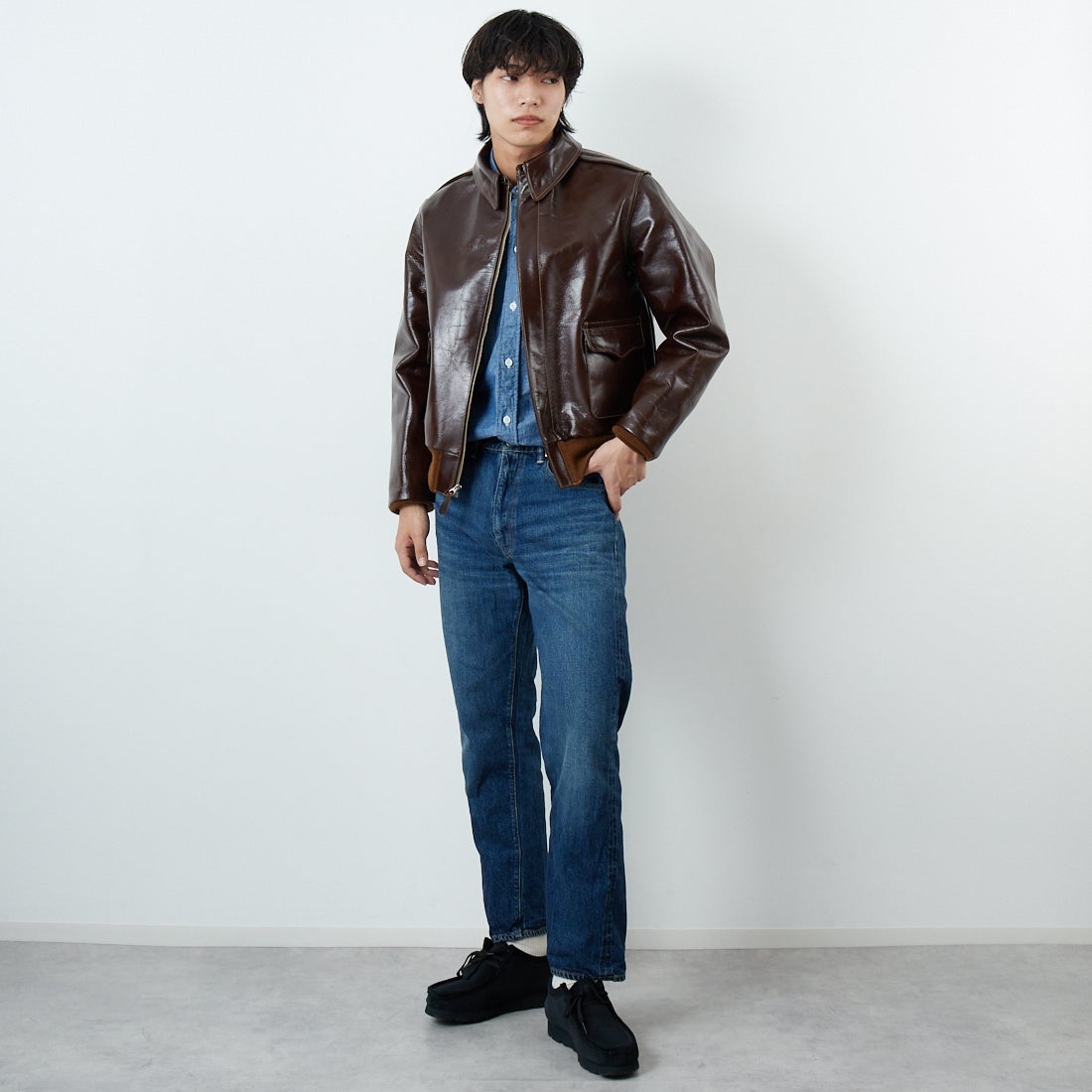 WAREHOUSE [ウエアハウス] 2ND-HAND デニムパンツ(USED WASH) [1105] D U/W (USED WASH 濃)&&モデル身長：179cm 着用サイズ：32&&