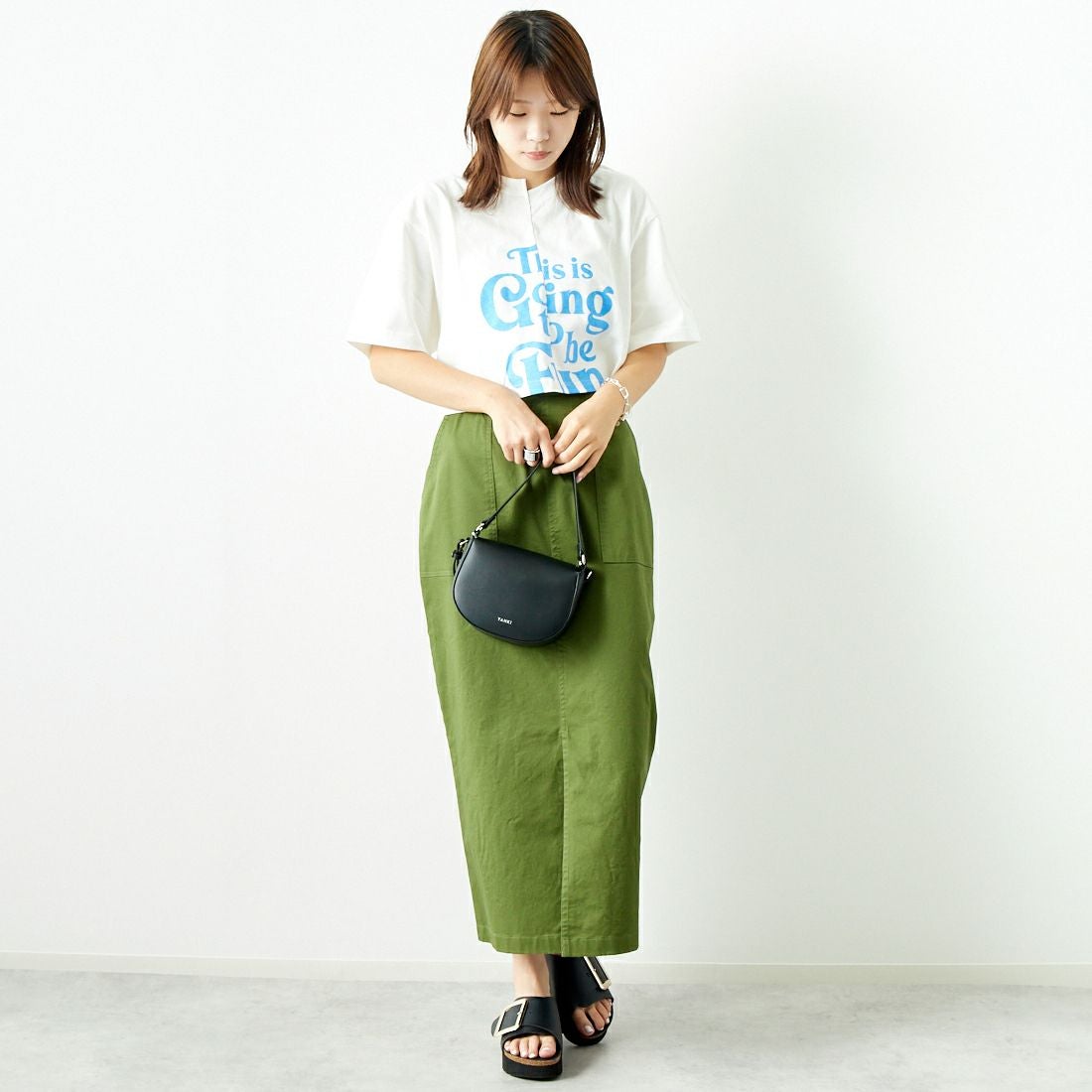 Jeans Factory Clothes [ジーンズファクトリークローズ] コットンストレッチタイトベイカースカート [ISJF-01] KHAKI &&モデル身長：167cm 着用サイズ：40&&