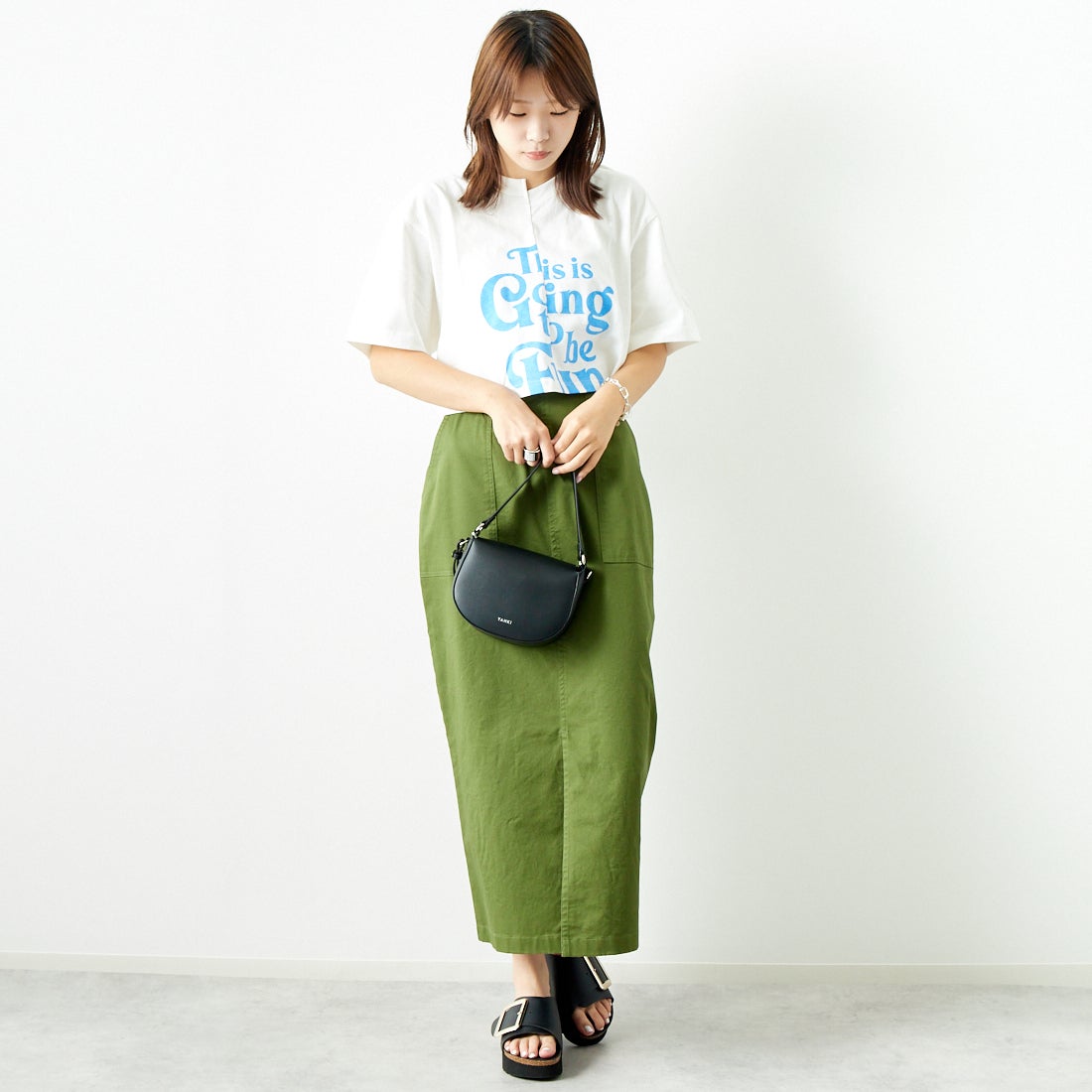 Jeans Factory Clothes [ジーンズファクトリークローズ] コットンストレッチタイトベイカースカート [ISJF-01] KHAKI &&モデル身長：167cm 着用サイズ：40&&