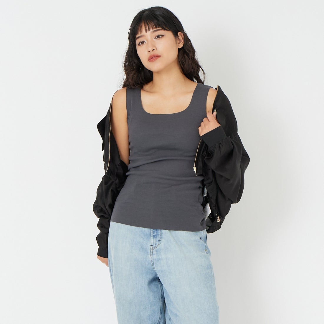 Jf Ready Made [ジェイエフレディメイド] TCフライスタンク [131826] 08 ﾁｬｺｰﾙ &&モデル身長：162cm 着用サイズ：F&&