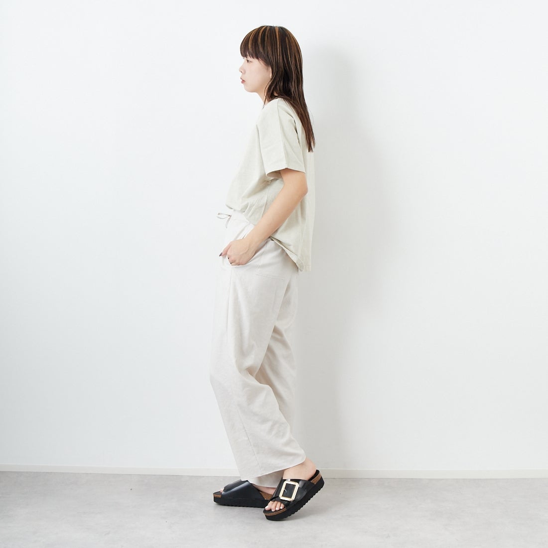 Jeans Factory Clothes [ジーンズファクトリークローズ] 杢調タンブラーツイルワイドパンツ [J-4402] 120 ｵﾌﾎﾜｲﾄ &&モデル身長：167cm 着用サイズ：38&&