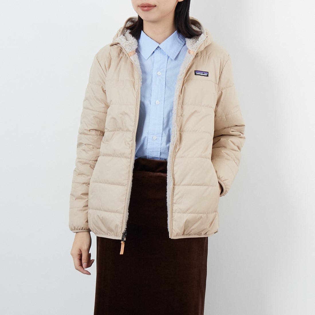 patagonia [パタゴニア] リバーシブル レディ フレディ フーディ [68095] ORTN &&モデル身長：162cm 着用サイズ：KID-XL&&