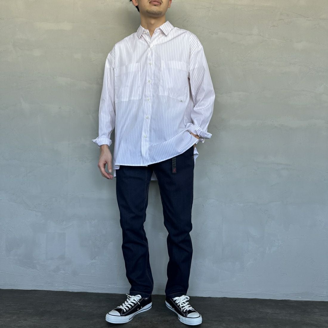 GRAMiCCi [グラミチ] ストレッチデニムNNパンツ タイトクロップド [G113-OGSD] ONE WASH &&モデル身長：168cm 着用サイズ：M&&