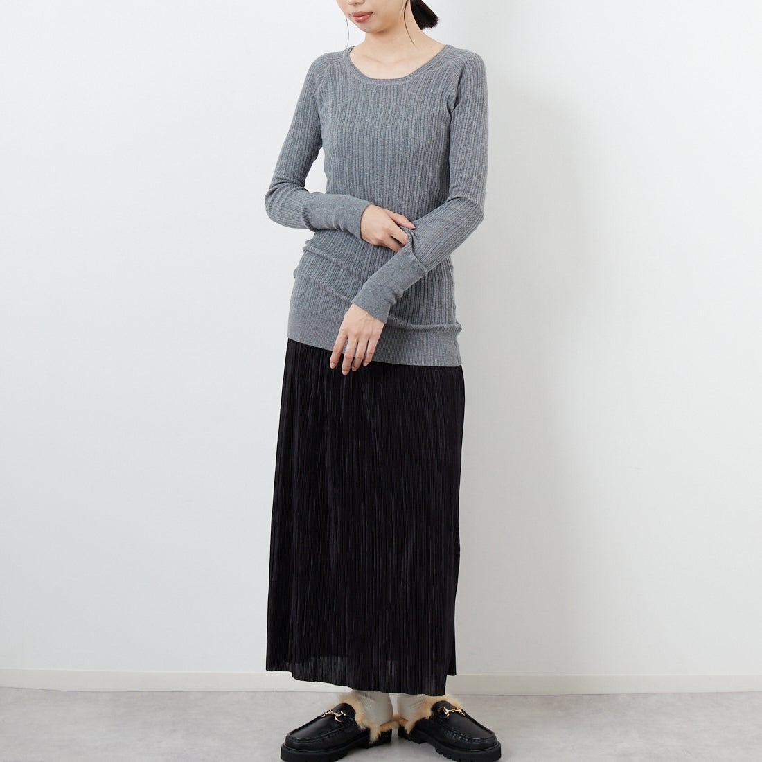 tumugu: [ツムグ] Uネック ランダムリブニット [TK9407A] 86 STEAL G &&モデル身長：162cm 着用サイズ：F&&