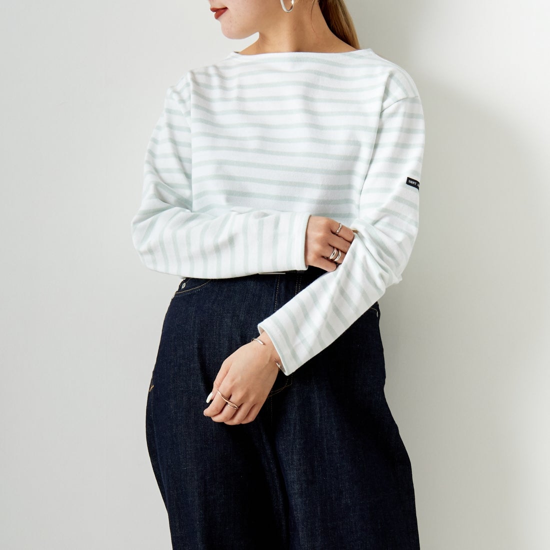 ST.JAMES [セントジェームス] バスクボーダーロングスリーブTシャツ [OUESSANT] NEI/WAT&&モデル身長：156cm 着用サイズ：3&&