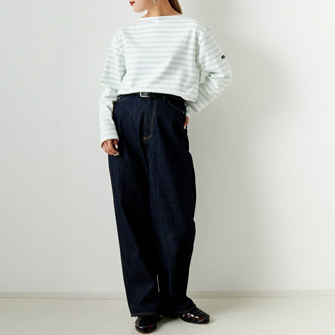 ST.JAMES [セントジェームス] バスクボーダーロングスリーブTシャツ [OUESSANT] NEI/WAT&&モデル身長：156cm 着用サイズ：3&&