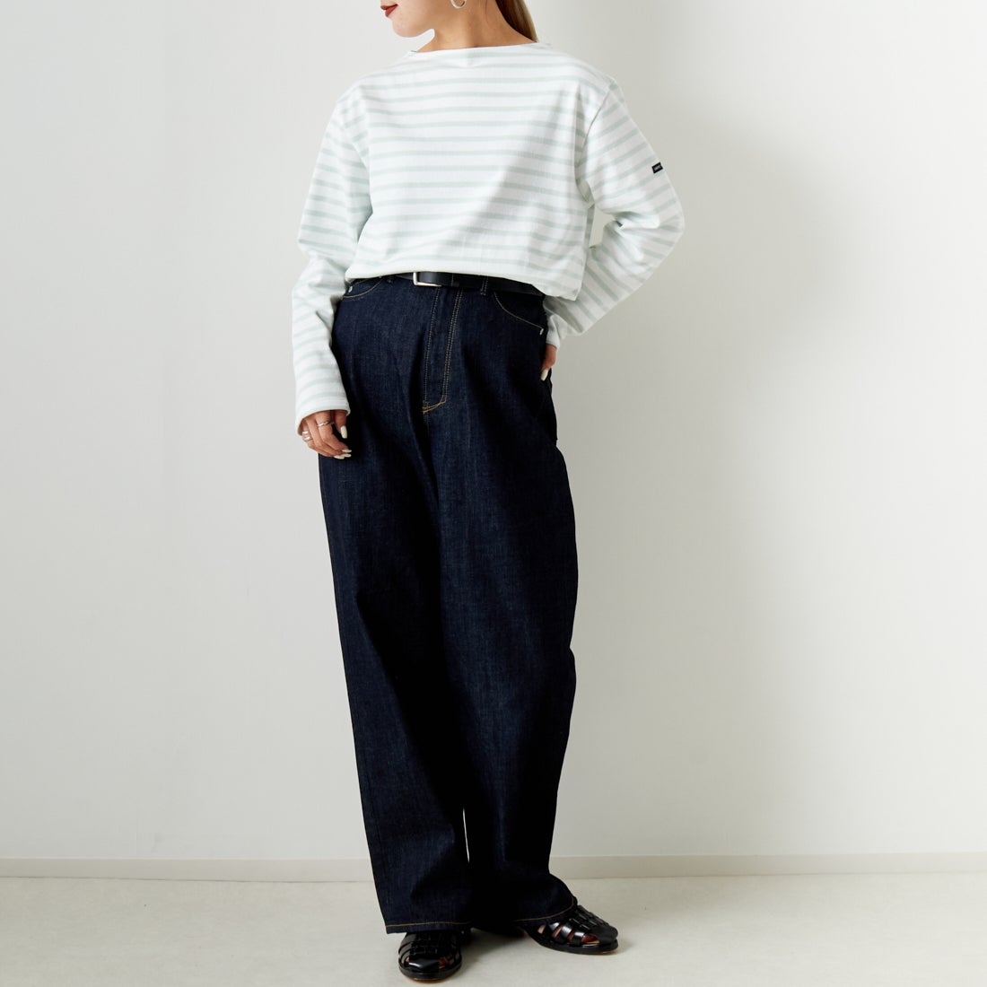 ST.JAMES [セントジェームス] バスクボーダーロングスリーブTシャツ [OUESSANT] NEI/WAT&&モデル身長：156cm 着用サイズ：3&&