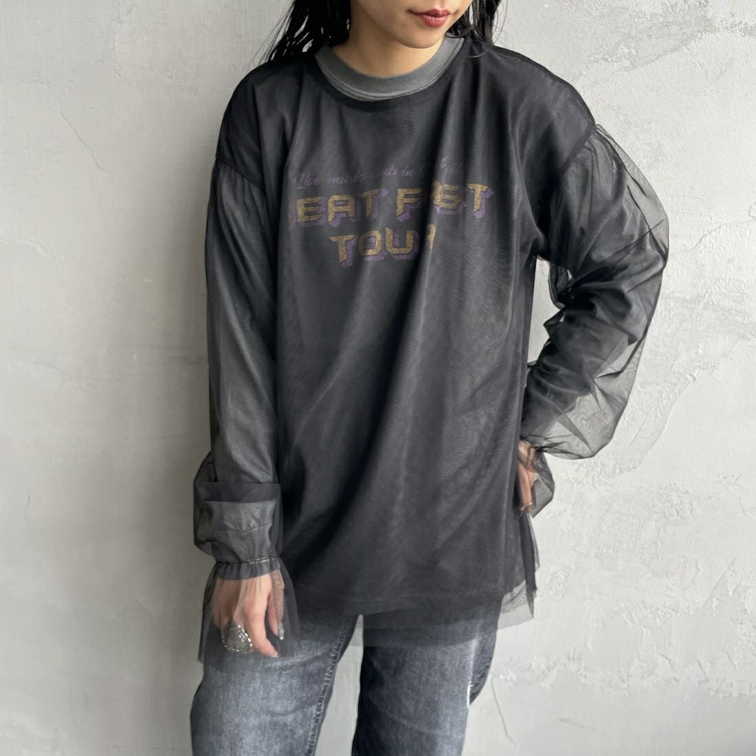 By/m [バイエム] シアーメッシュブラウス [24112009] 09 BLACK &&モデル身長：156cm 着用サイズ：F&&