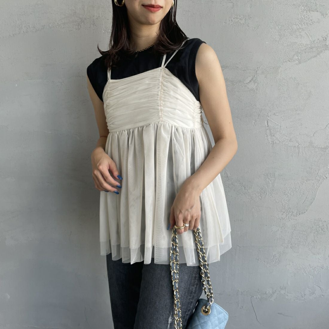 By/m [バイエム] ギャザーチュールキャミソール [24112008] 02 OFF &&モデル身長：163cm 着用サイズ：F&&