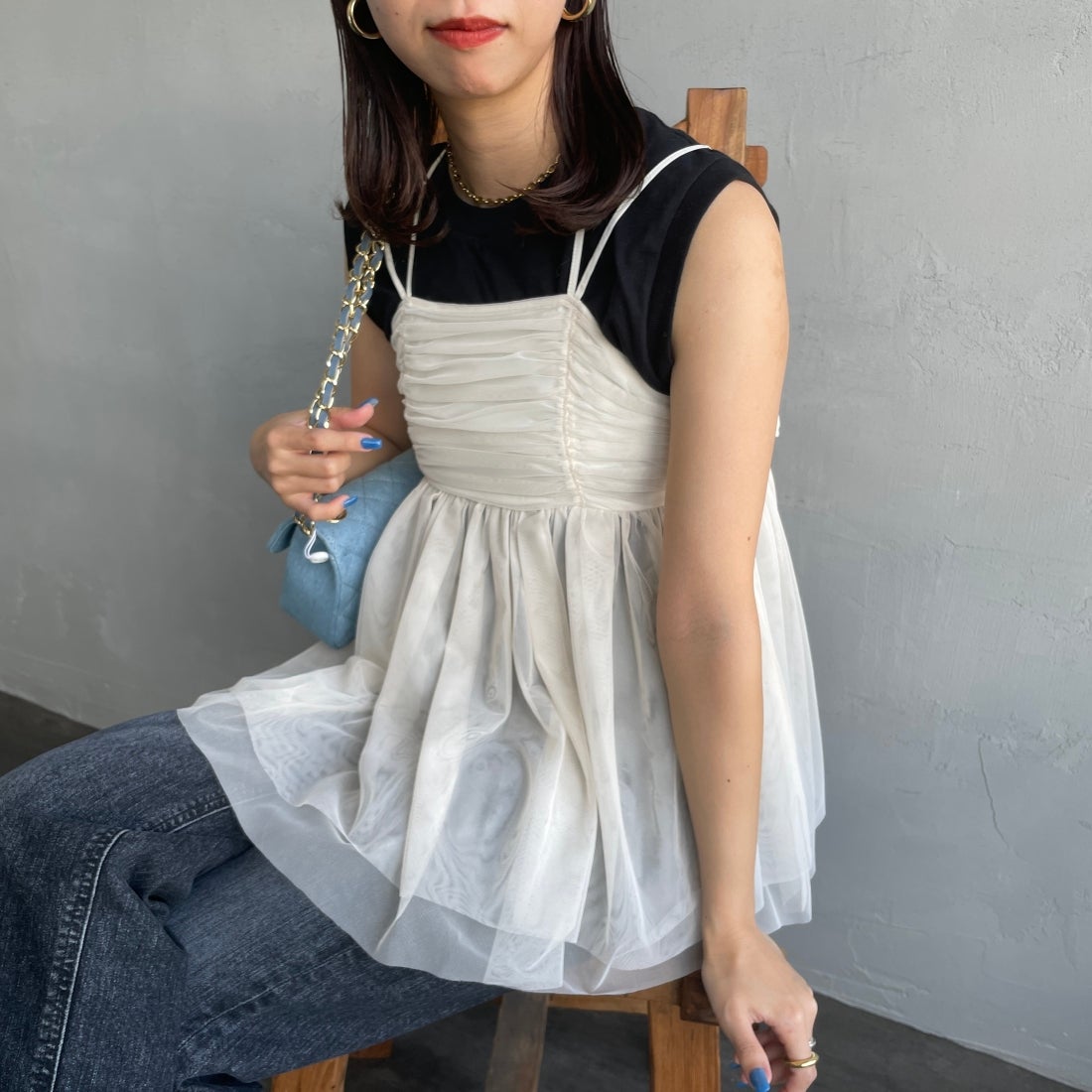 By/m [バイエム] ギャザーチュールキャミソール [24112008] 02 OFF &&モデル身長：163cm 着用サイズ：F&&