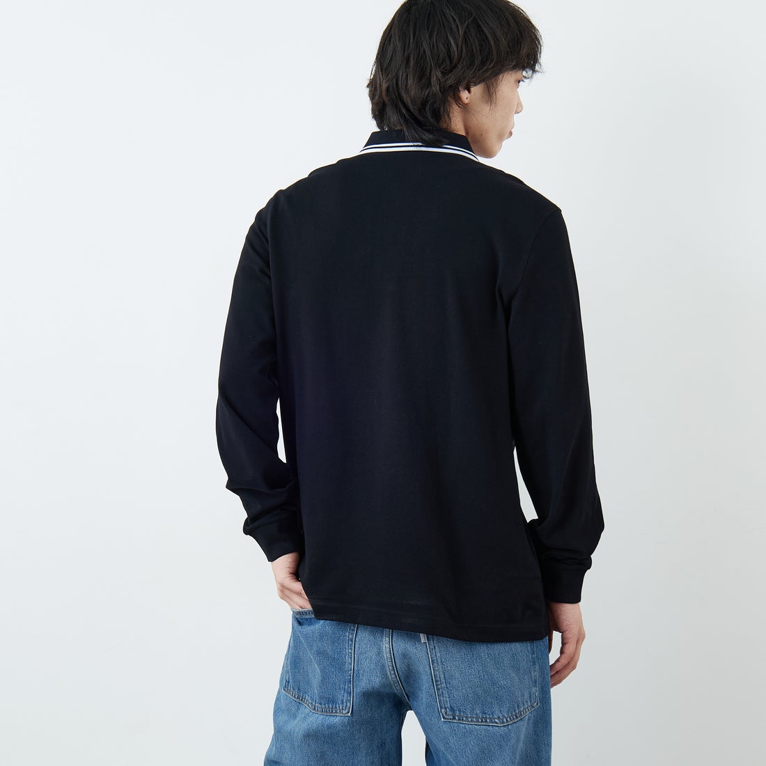 FRED PERRY [フレッドペリー] ツインティップライン ロングスリーブポロシャツ [M3636] 350 BLACK &&モデル身長：179cm 着用サイズ：L&&