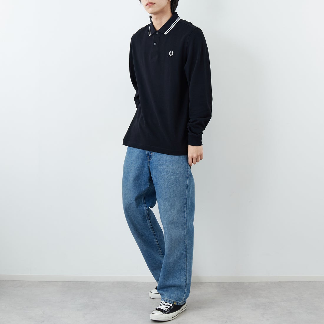 FRED PERRY [フレッドペリー] ツインティップライン ロングスリーブポロシャツ [M3636] 350 BLACK &&モデル身長：179cm 着用サイズ：L&&