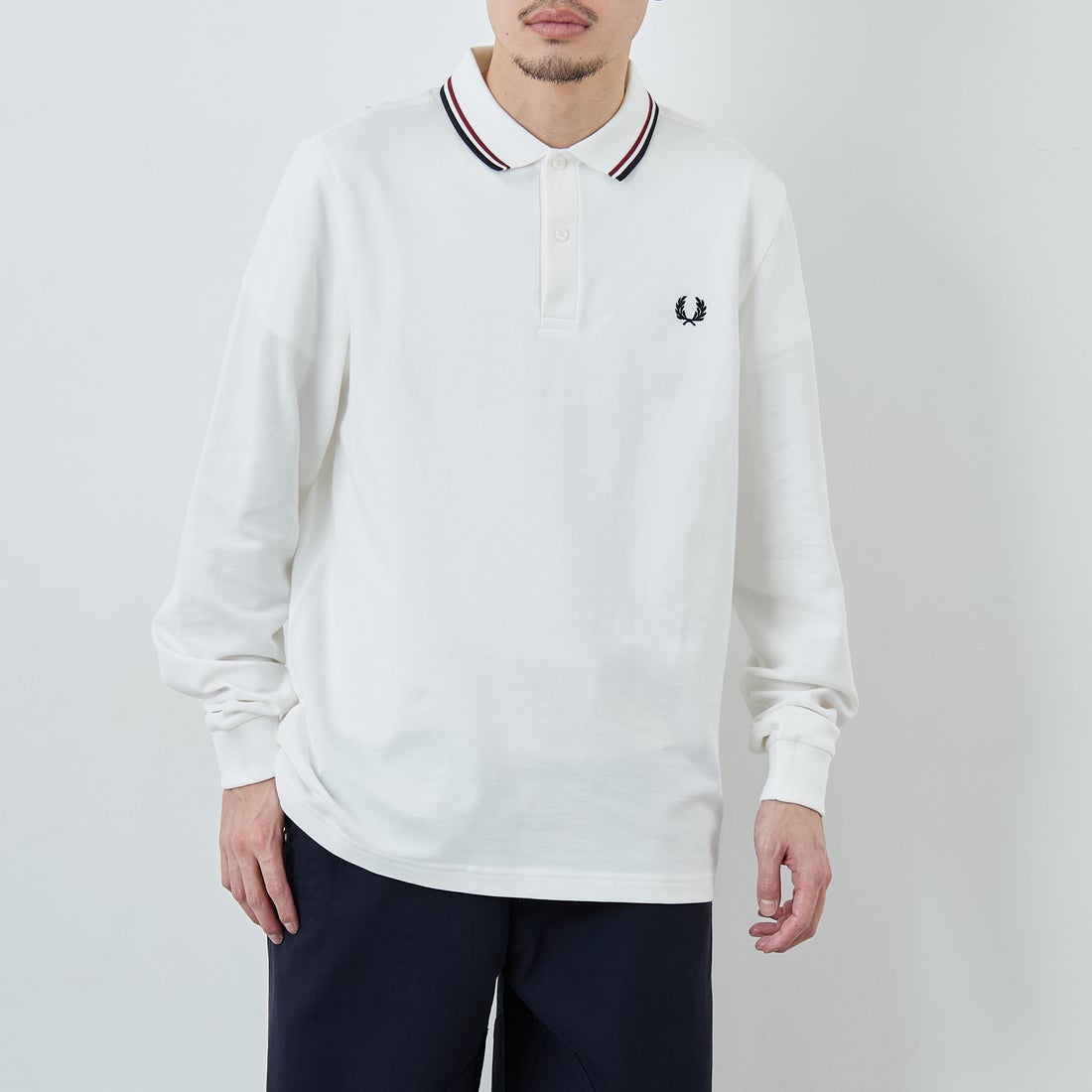 FRED PERRY [フレッドペリー] ツインティップライン ロングスリーブポロシャツ [M3636] T60 SNOW W &&モデル身長：168cm 着用サイズ：L&&