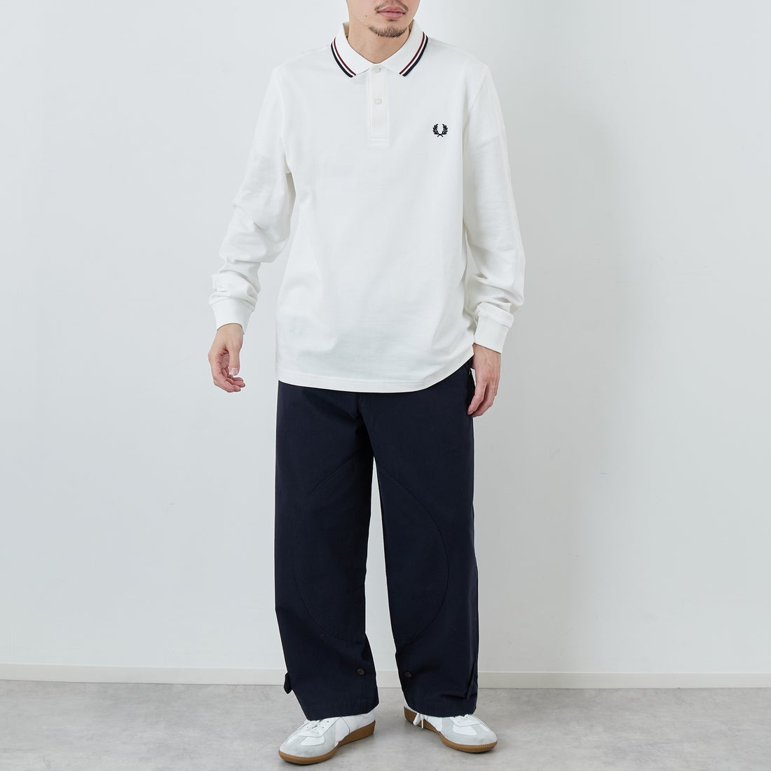 FRED PERRY [フレッドペリー] ツインティップライン ロングスリーブポロシャツ [M3636] T60 SNOW W &&モデル身長：168cm 着用サイズ：L&&