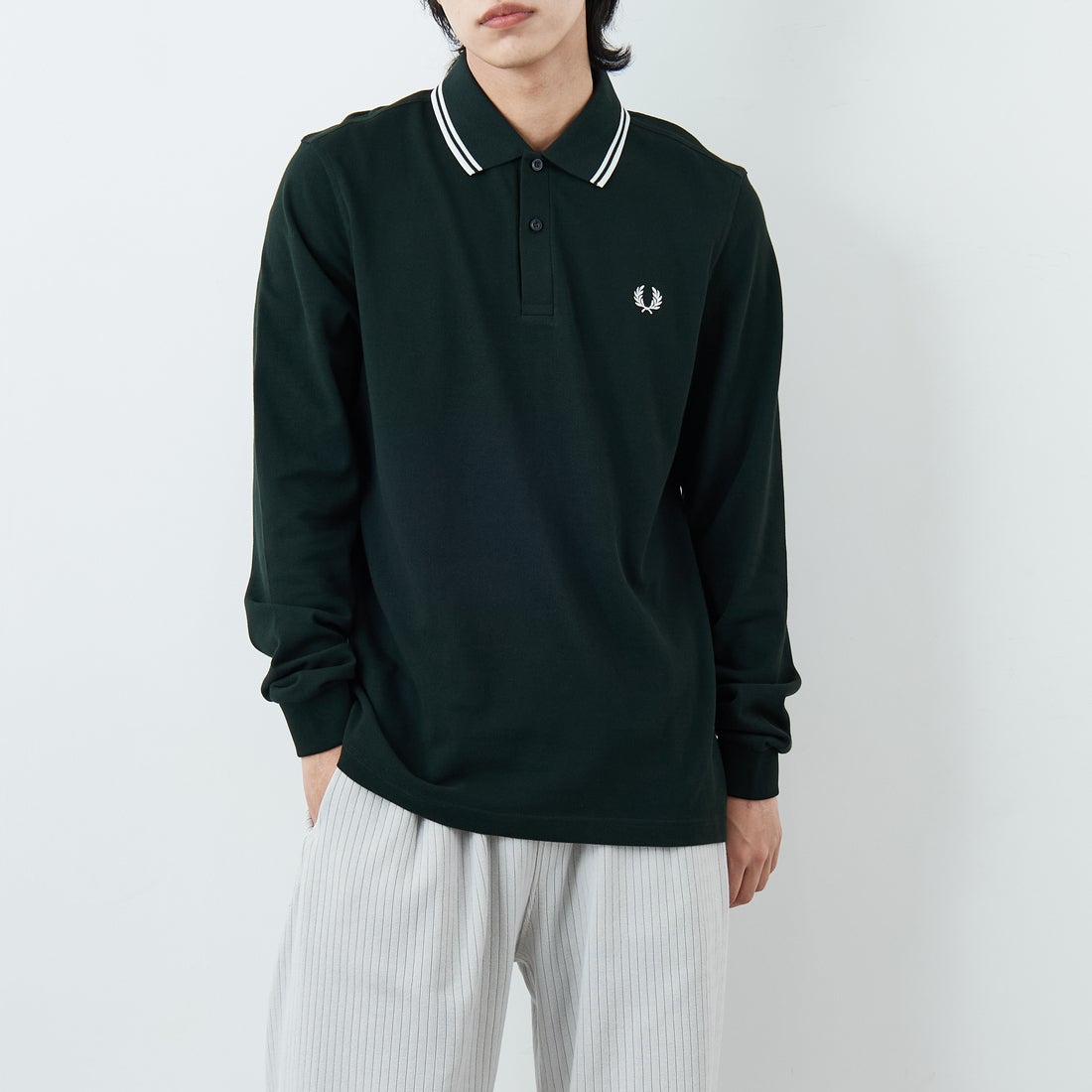 FRED PERRY [フレッドペリー] ツインティップライン ロングスリーブポロシャツ [M3636] T50 NIGHTG &&モデル身長：179cm 着用サイズ：L&&