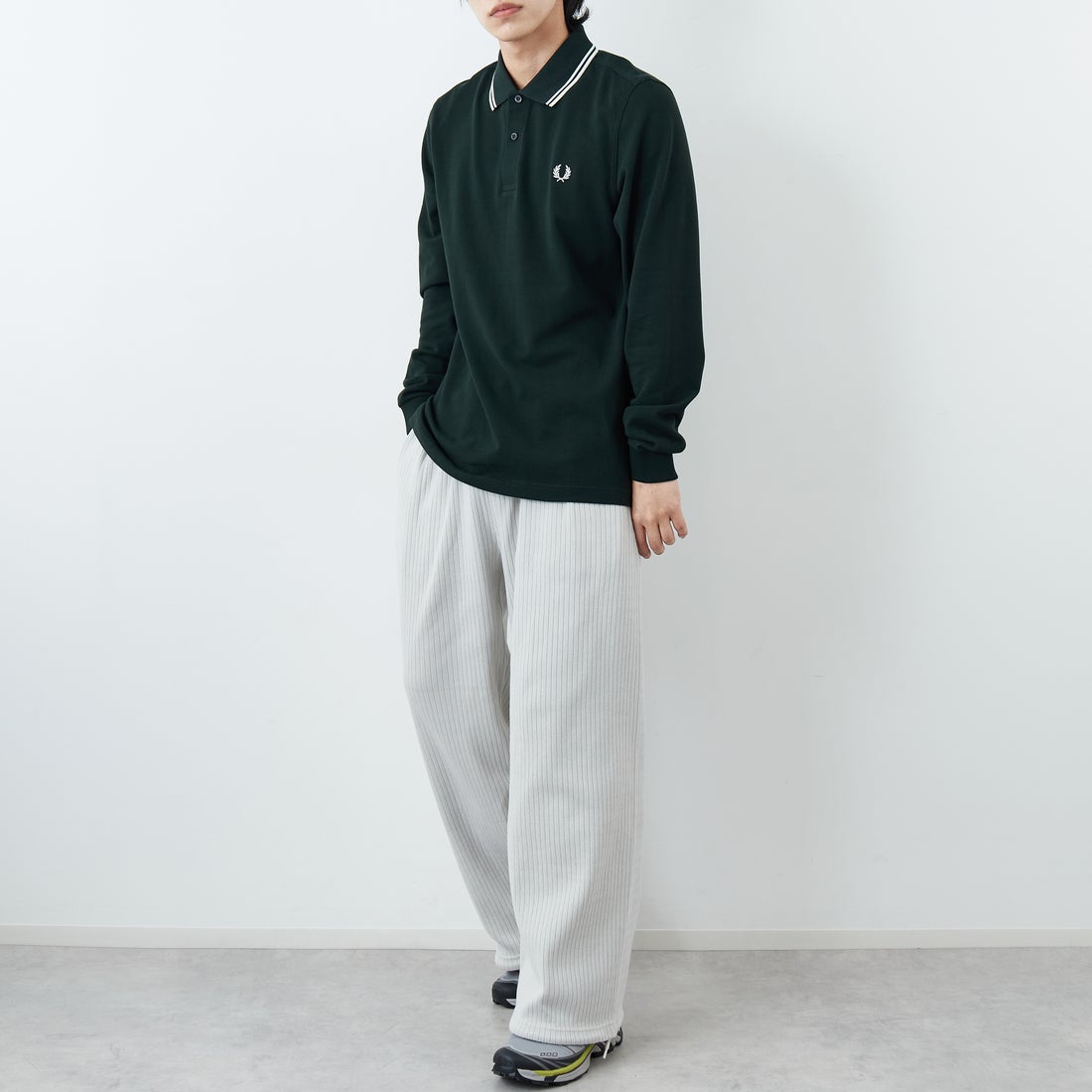 FRED PERRY [フレッドペリー] ツインティップライン ロングスリーブポロシャツ [M3636] T50 NIGHTG &&モデル身長：179cm 着用サイズ：L&&
