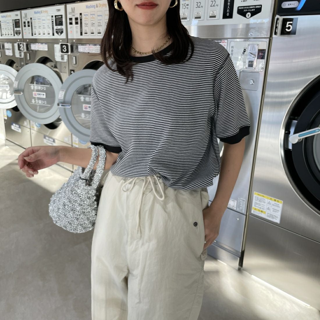 Health knit [ヘルスニット] 別注 ワッフルクルーネックTシャツ [HR24S-L022IN-JF] BLK/OFF&&モデル身長：163cm　着用サイズ：F&&