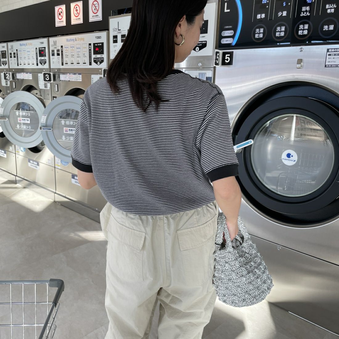 Health knit [ヘルスニット] 別注 ワッフルクルーネックTシャツ [HR24S-L022IN-JF] BLK/OFF&&モデル身長：163cm　着用サイズ：F&&