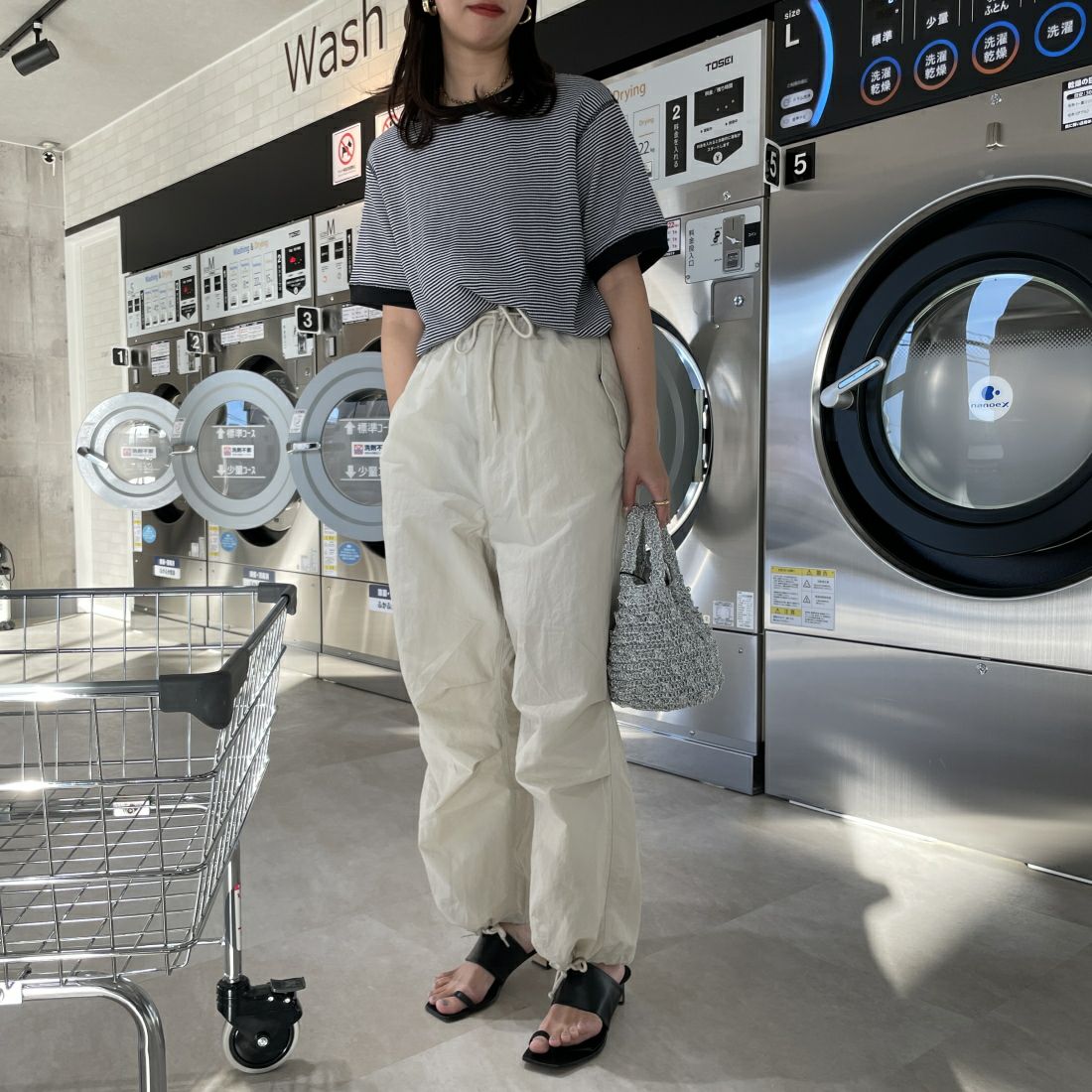 Health knit [ヘルスニット] 別注 ワッフルクルーネックTシャツ [HR24S-L022IN-JF] BLK/OFF&&モデル身長：163cm　着用サイズ：F&&