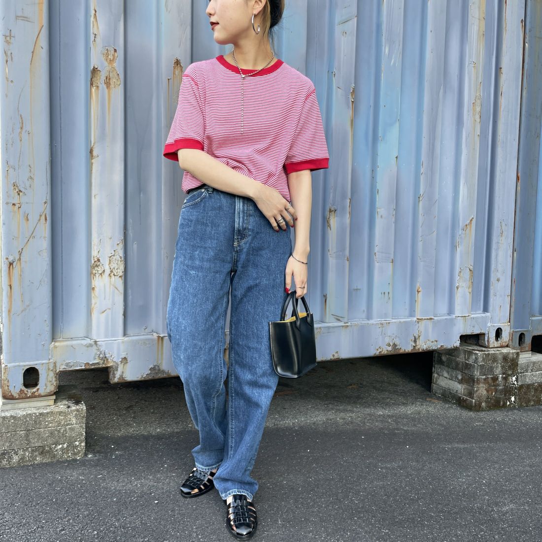 Health knit [ヘルスニット] 別注 ワッフルクルーネックTシャツ [HR24S-L022IN-JF] RED/OFF&&モデル身長：156cm　着用サイズ：F&&