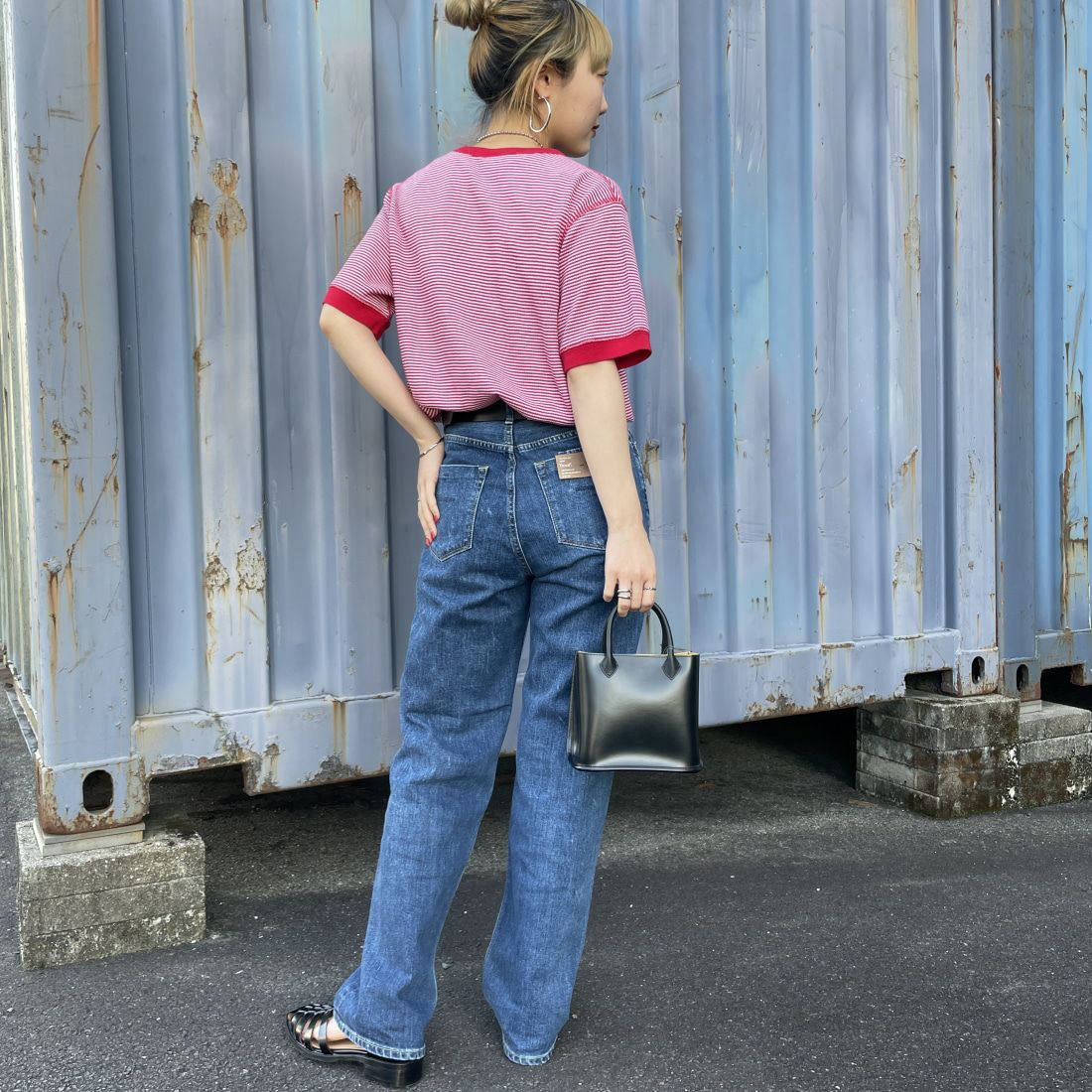 Health knit [ヘルスニット] 別注 ワッフルクルーネックTシャツ [HR24S-L022IN-JF] RED/OFF&&モデル身長：156cm　着用サイズ：F&&