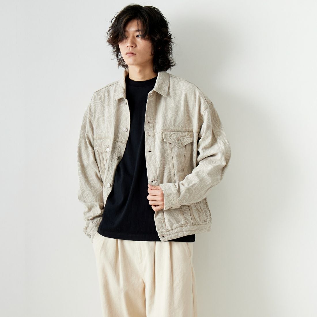Noir Fabrik [ヌワールファブリック] デニムトラッカージャケット [NF-241-003] BEGﾍﾟｲｽﾞﾘｰ &&モデル身長：182cm 着用サイズ：L&&