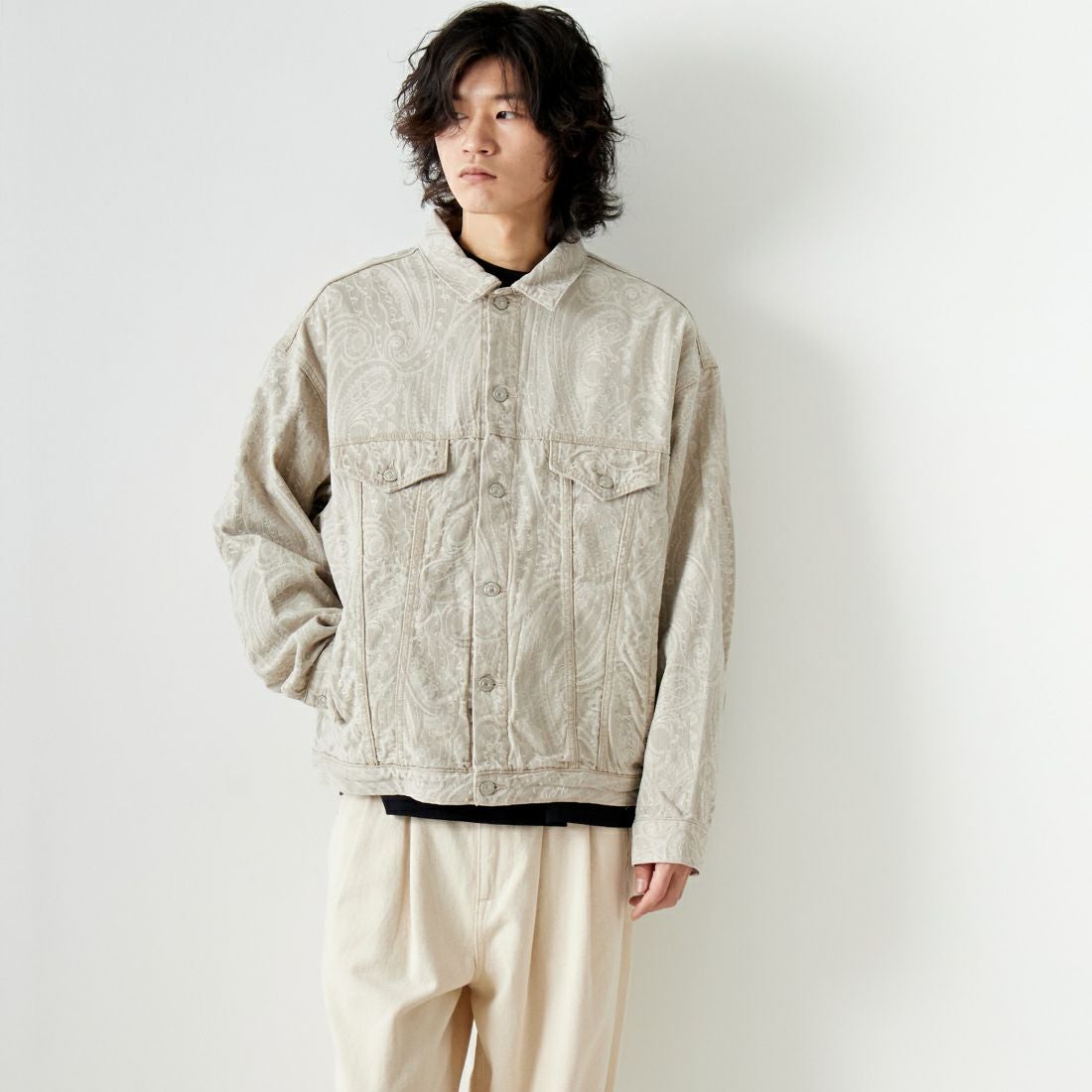 Noir Fabrik [ヌワールファブリック] デニムトラッカージャケット [NF-241-003] BEGﾍﾟｲｽﾞﾘｰ &&モデル身長：182cm 着用サイズ：L&&