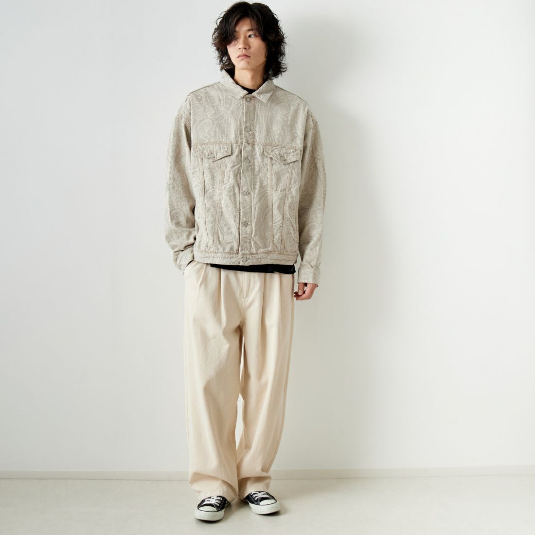 Noir Fabrik [ヌワールファブリック] デニムトラッカージャケット [NF-241-003] BEGﾍﾟｲｽﾞﾘｰ &&モデル身長：182cm 着用サイズ：L&&