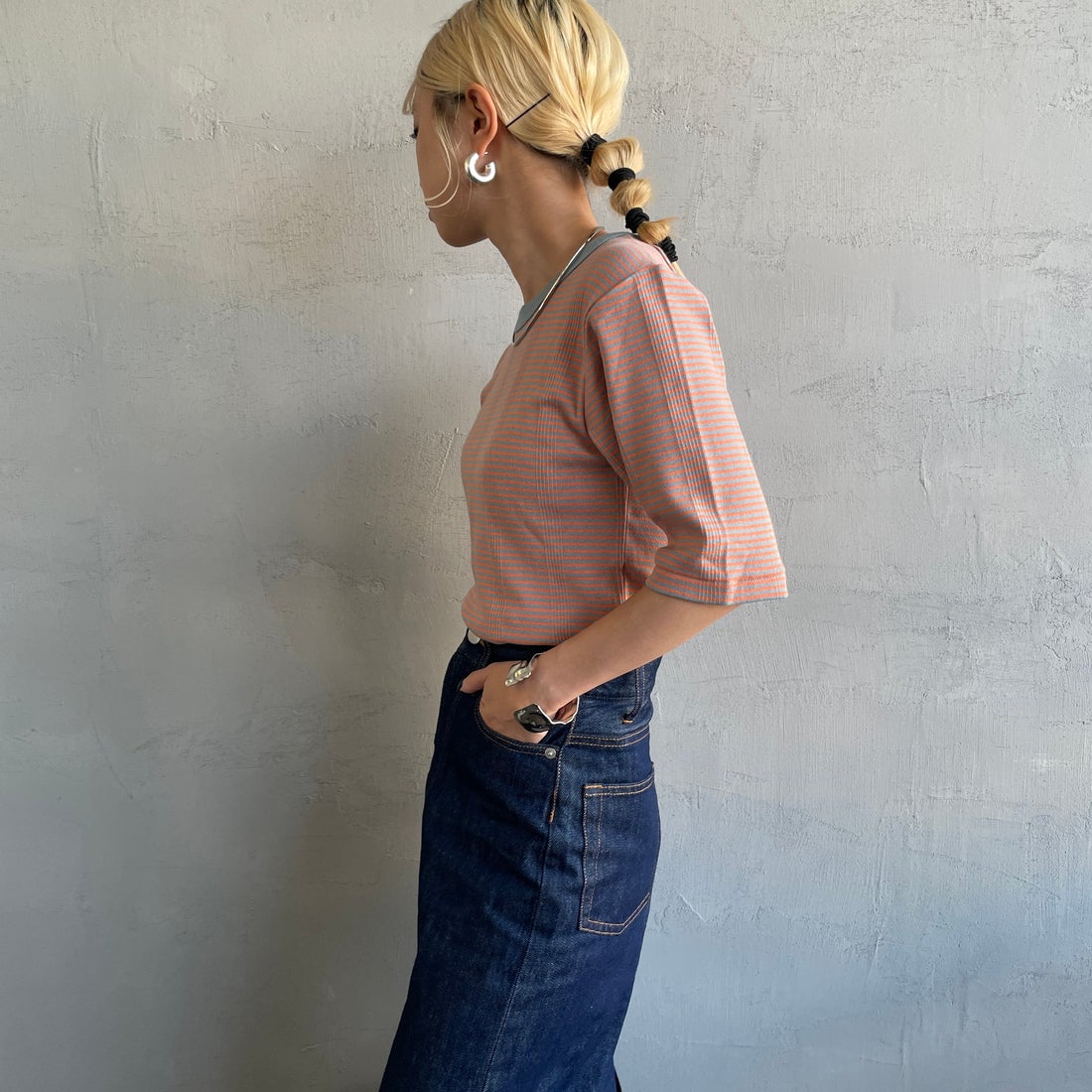 Robert P.Miller [ロバートピーミラー] 別注 5分袖クルーネックTシャツ [RM241-248IN-JF] SUNSET &&モデル身長：150cm 着用サイズ：F&&