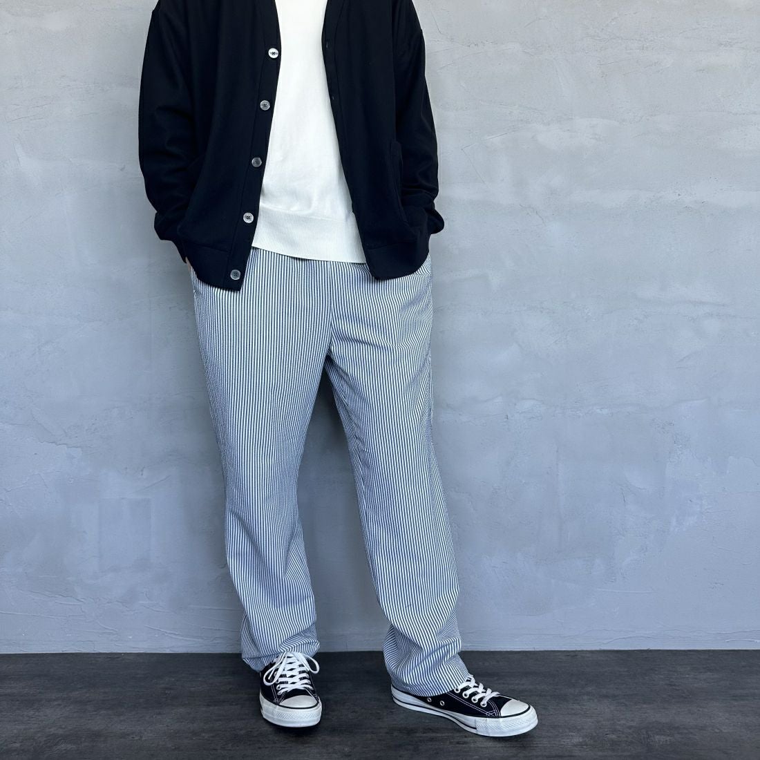 UNIVERSAL OVERALL [ユニバーサルオーバーオール] 別注 パジャマパンツ [U2411660IN-JF] NVY ST SOC &&モデル身長：173cm 着用サイズ：L&&