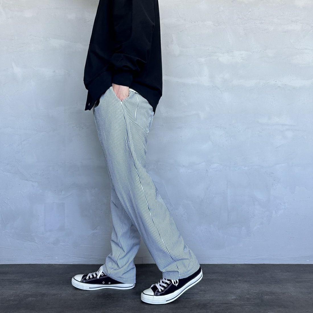 UNIVERSAL OVERALL [ユニバーサルオーバーオール] 別注 パジャマパンツ [U2411660IN-JF] NVY ST SOC &&モデル身長：173cm 着用サイズ：L&&