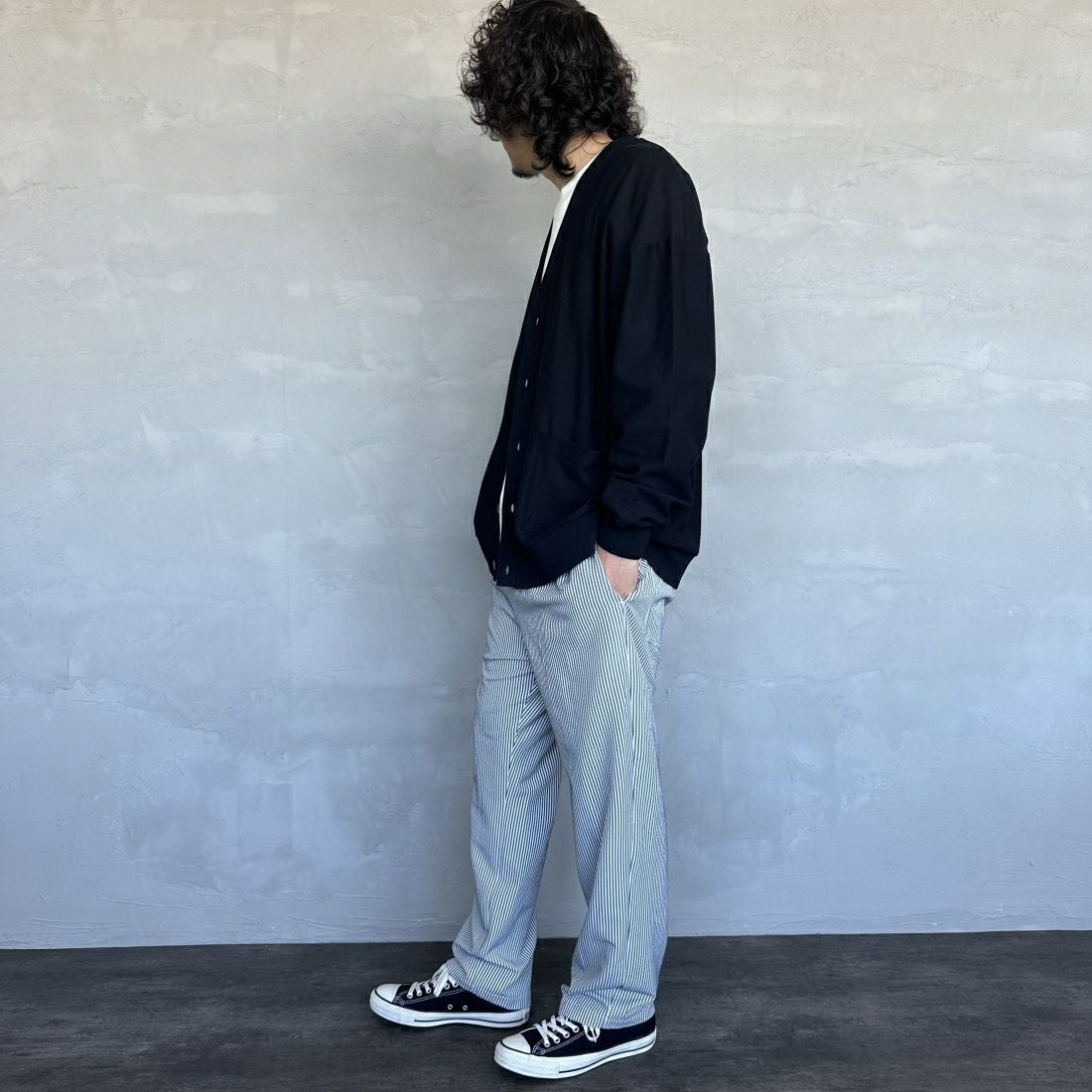 UNIVERSAL OVERALL [ユニバーサルオーバーオール] 別注 パジャマパンツ [U2411660IN-JF] NVY ST SOC &&モデル身長：173cm 着用サイズ：L&&