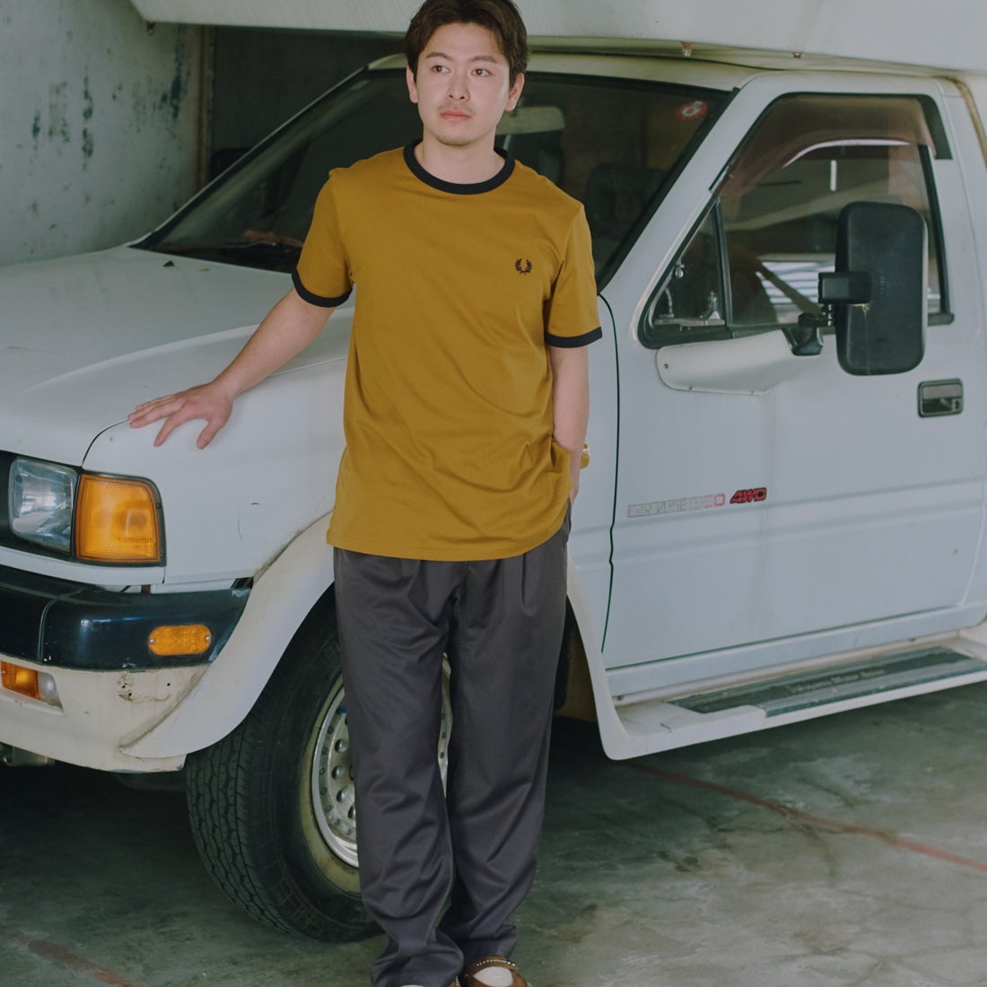 FRED PERRY [フレッドペリー] 別注 ワンポイントロゴ刺繍 ショートスリーブ リンガーTシャツ [M3519-JF] DARK CARAM