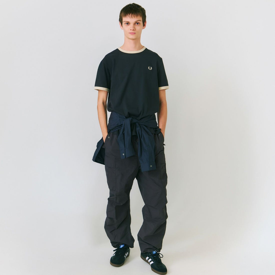 FRED PERRY [フレッドペリー] 別注 ワンポイントロゴ刺繍 ショートスリーブ リンガーTシャツ [M3519-JF] GRY/OAT