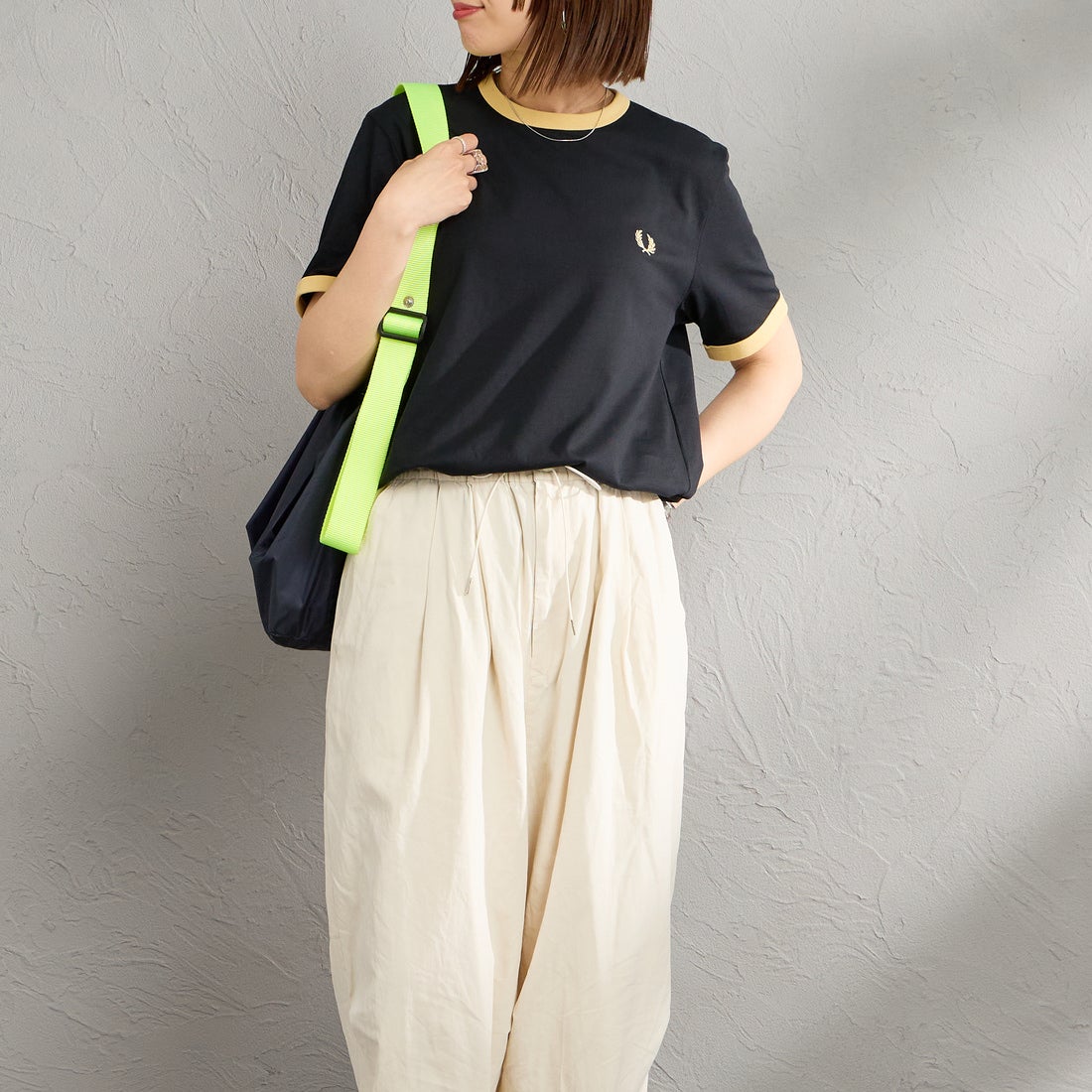 FRED PERRY 別注 ランダムリブ ロゴ刺繍 リンガーTシャツ FRED PERRY/フレッドペリー] 別注 ランダムリブ ワンポイントロゴ刺繍