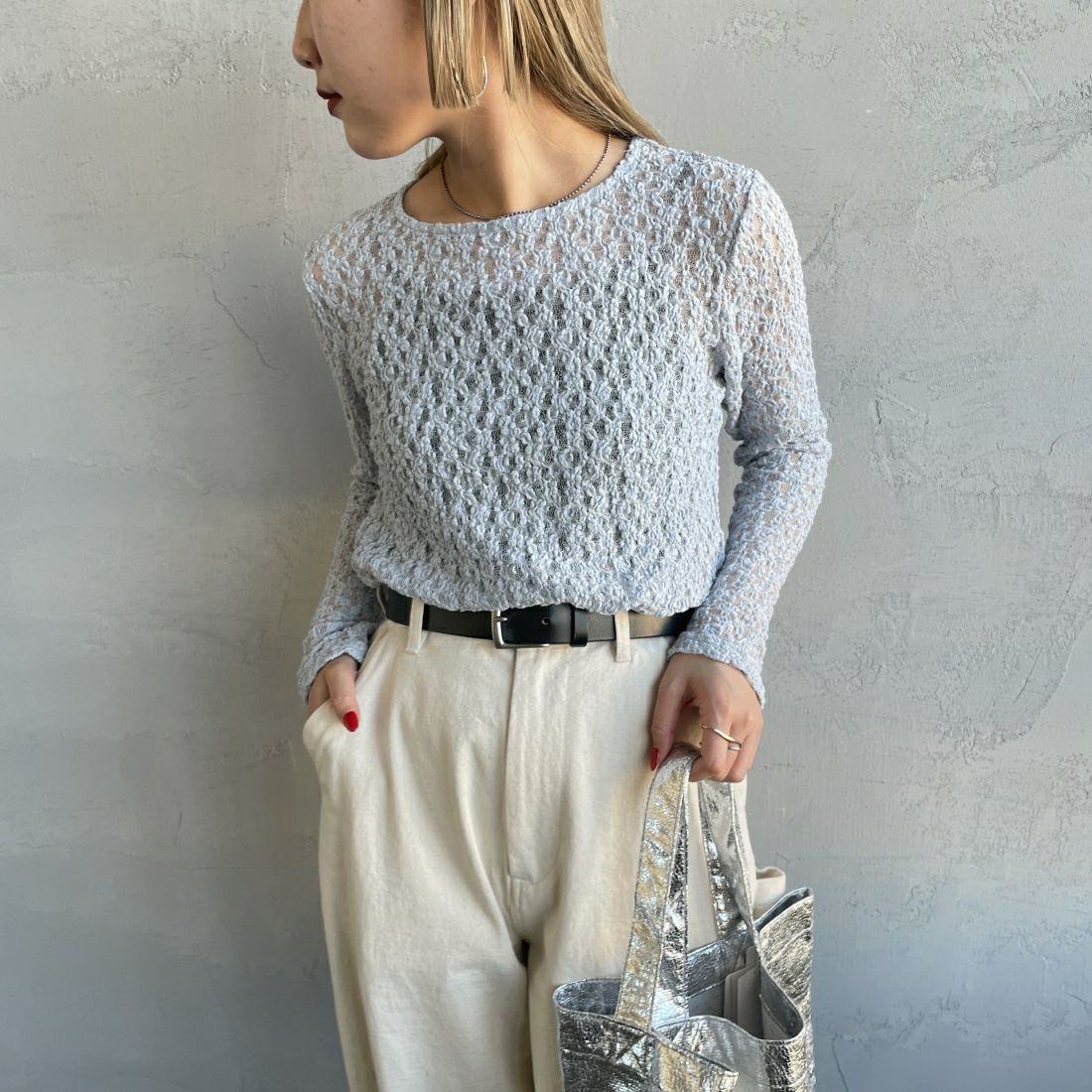 Jeans Factory Clothes [ジーンズファクトリークローズ] レース柄クルーネックシアーカットソー [21241058] 073 ｻｯｸｽ &&モデル身長：156cm 着用サイズ：F&&