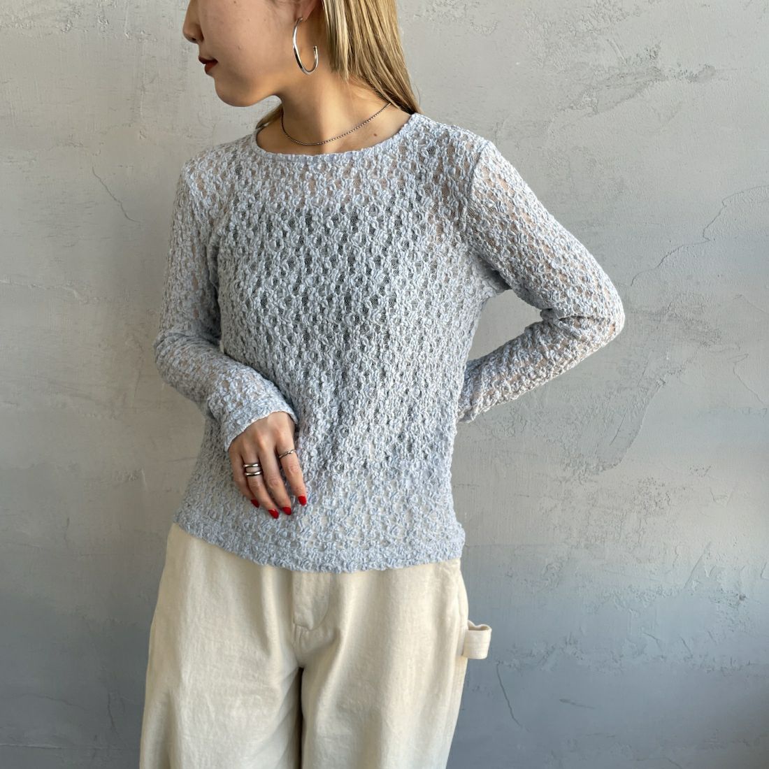 Jeans Factory Clothes [ジーンズファクトリークローズ] レース柄クルーネックシアーカットソー [21241058] 073 ｻｯｸｽ &&モデル身長：156cm 着用サイズ：F&&