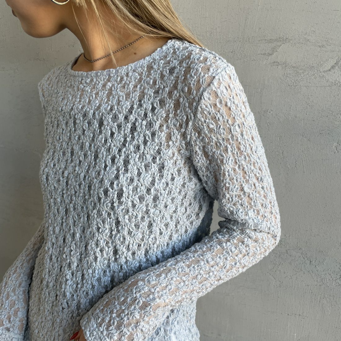 Jeans Factory Clothes [ジーンズファクトリークローズ] レース柄クルーネックシアーカットソー [21241058] 073 ｻｯｸｽ &&モデル身長：156cm 着用サイズ：F&&