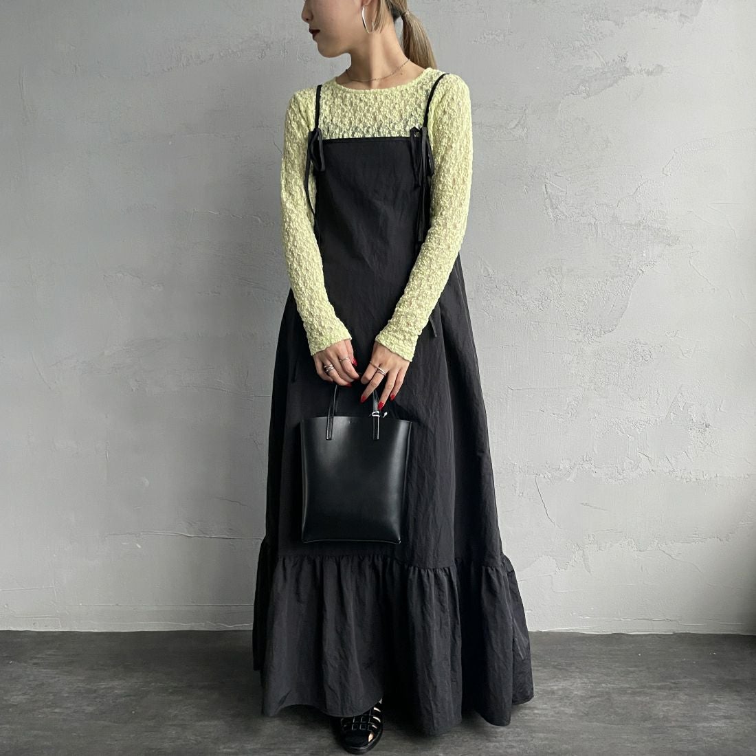 Jeans Factory Clothes [ジーンズファクトリークローズ] レース柄クルーネックシアーカットソー [21241058] 073 041 ｲｴﾛｰ &&モデル身長：156cm 着用サイズ：F&&