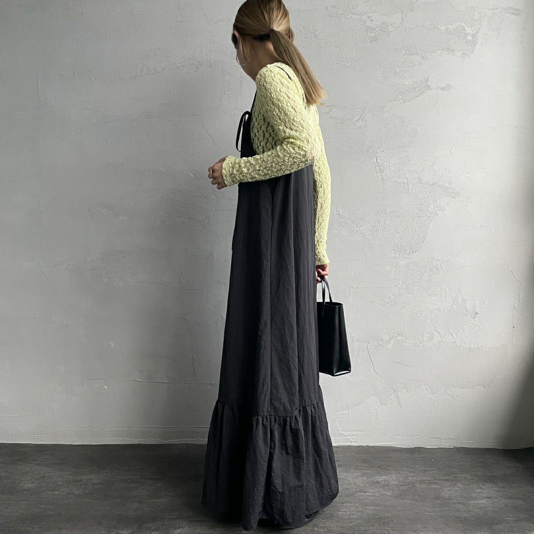 Jeans Factory Clothes [ジーンズファクトリークローズ] レース柄クルーネックシアーカットソー [21241058] 073 041 ｲｴﾛｰ &&モデル身長：156cm 着用サイズ：F&&