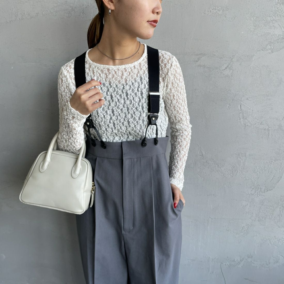 Jeans Factory Clothes [ジーンズファクトリークローズ] レース柄クルーネックシアーカットソー [21241058] 031 ｵﾌ &&モデル身長：156cm 着用サイズ：F&&