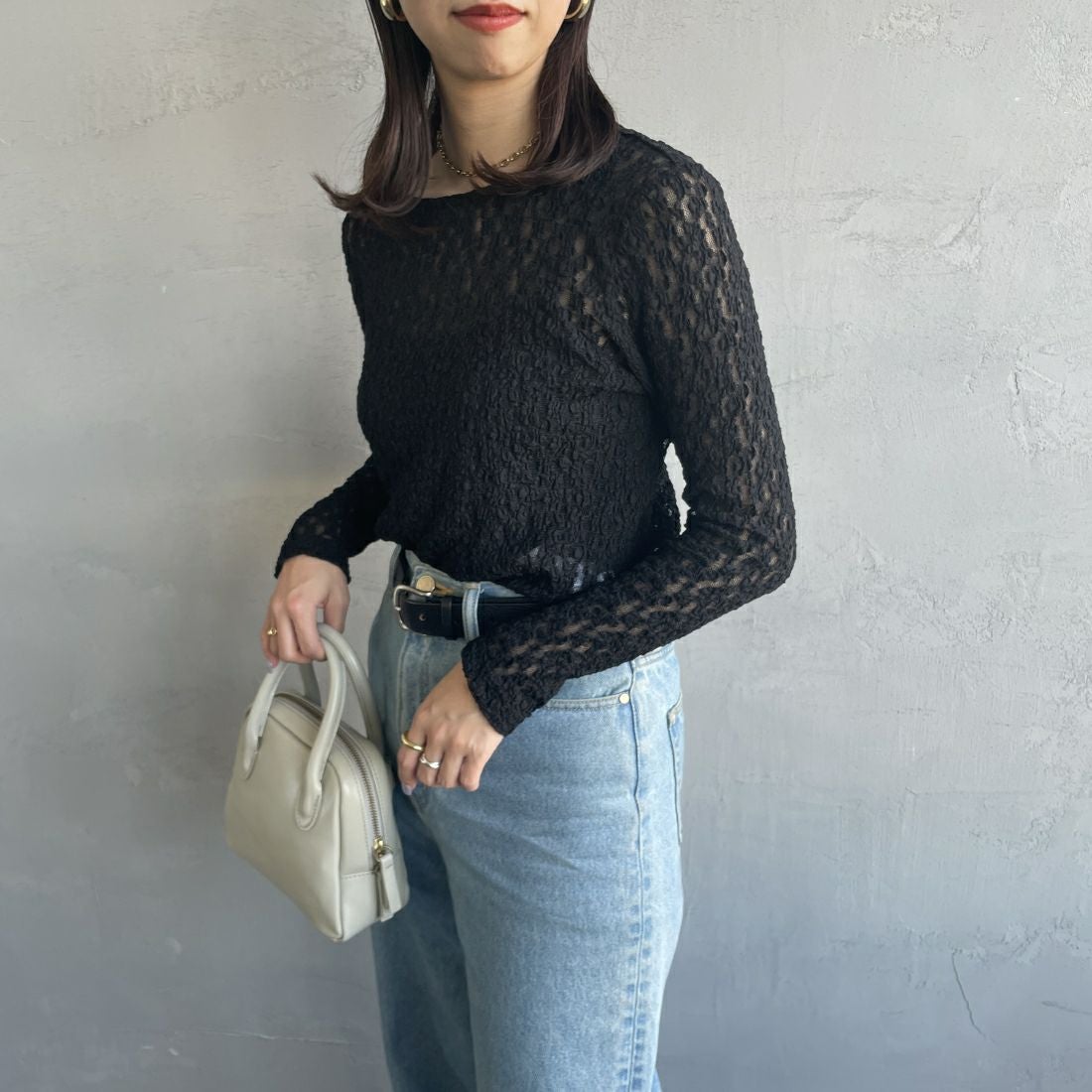 Jeans Factory Clothes [ジーンズファクトリークローズ] レース柄クルーネックシアーカットソー [21241058] 004 ﾌﾞﾗｯｸ &&モデル身長：163cm 着用サイズ：F&&