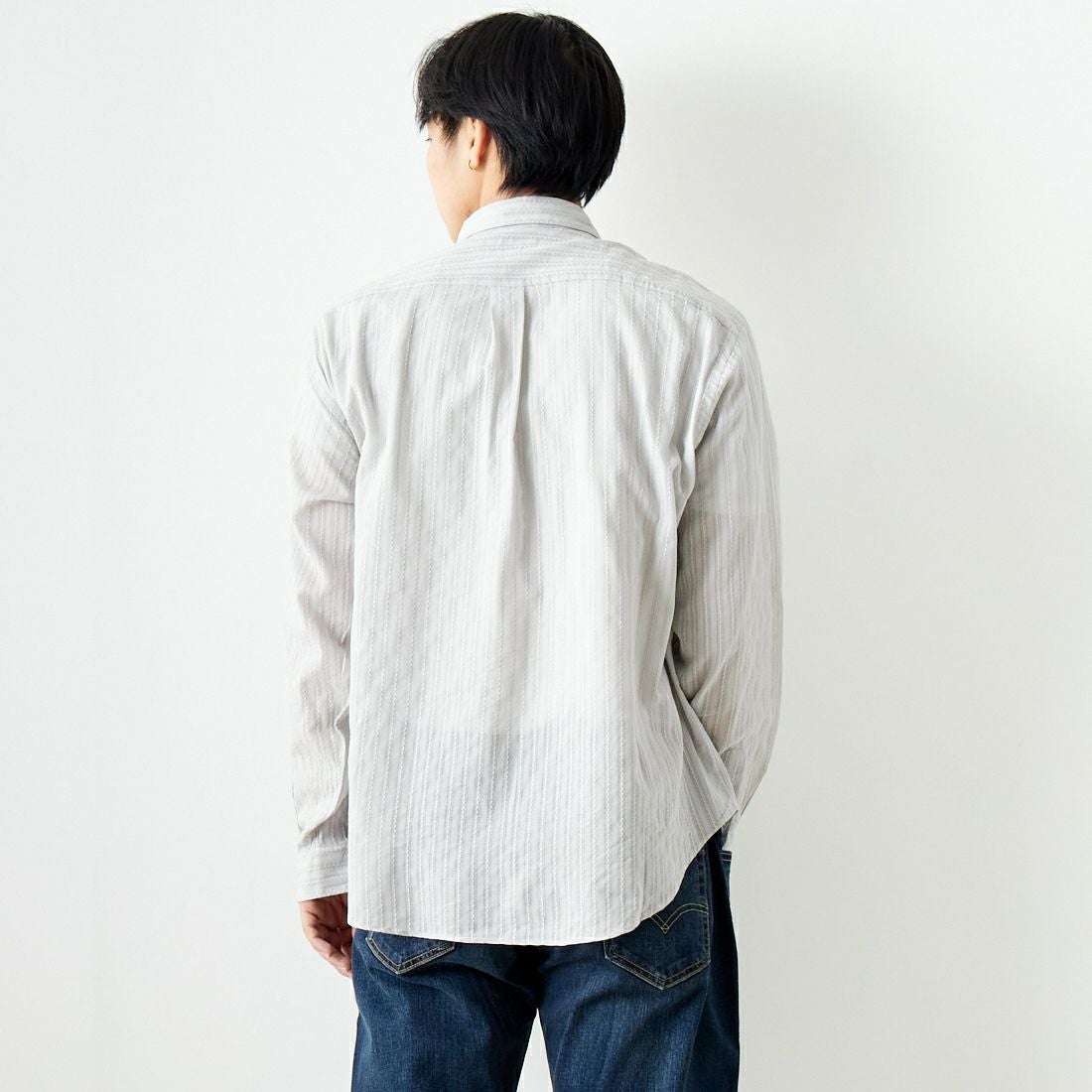 Noir Fabrik [ヌワールファブリック] カラミストライプ ロングスリーブ レギュラーカラーシャツ [JFCM-PS42-01] GREY &&モデル身長：179cm 着用サイズ：L&&