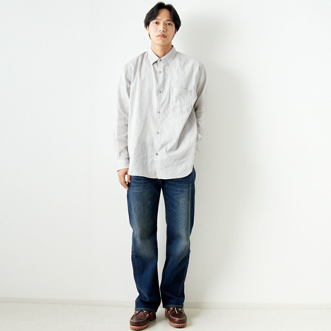 Noir Fabrik [ヌワールファブリック] カラミストライプ ロングスリーブ レギュラーカラーシャツ [JFCM-PS42-01] GREY &&モデル身長：179cm 着用サイズ：L&&