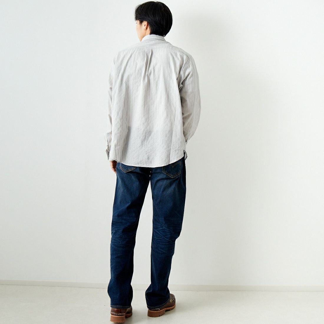 Noir Fabrik [ヌワールファブリック] カラミストライプ ロングスリーブ レギュラーカラーシャツ [JFCM-PS42-01] GREY &&モデル身長：179cm 着用サイズ：L&&