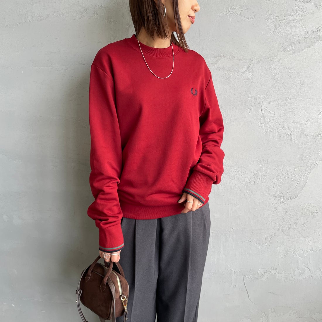 FRED PERRY ワンポイント刺繍クルーネックスウェットカーディガン FRED PERRY [フレッドペリー] ワンポイント刺繍 クルーネック
