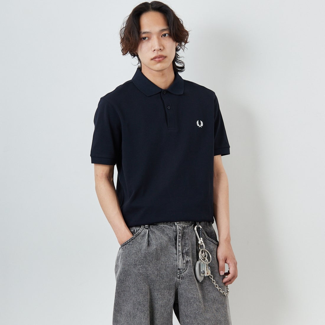 FRED PERRY [フレッドペリー] 鹿の子ポロシャツ [M6000] 608 NAVY&&モデル身長：179cm 着用サイズ：L&&