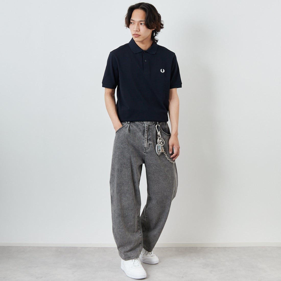 FRED PERRY [フレッドペリー] 鹿の子ポロシャツ [M6000] 608 NAVY&&モデル身長：179cm 着用サイズ：L&&