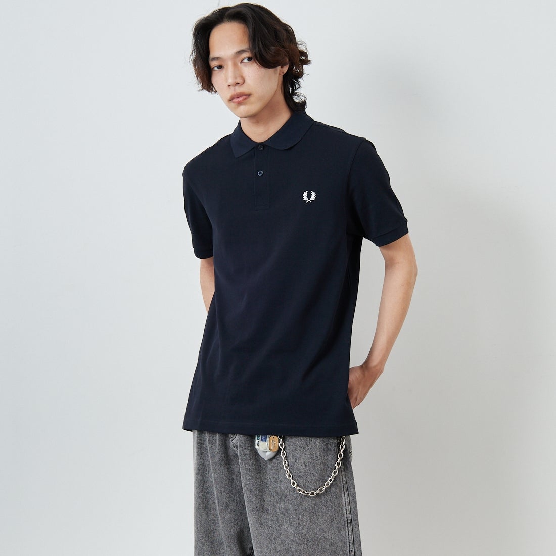 FRED PERRY [フレッドペリー] 鹿の子ポロシャツ [M6000] 608 NAVY&&モデル身長：179cm 着用サイズ：L&&